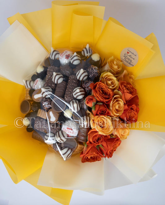 Candies and fresh roses bouquet