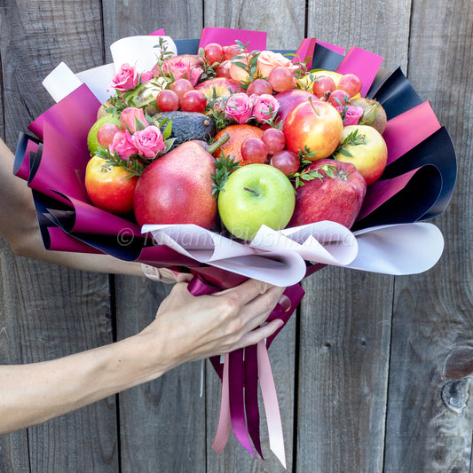 Seasonal fruits and fresh spray rose